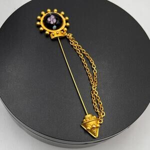 Ronnie Livia Mogul Black Glass Purple Flower Chain Drape Scarf Tie Stick Pin‎